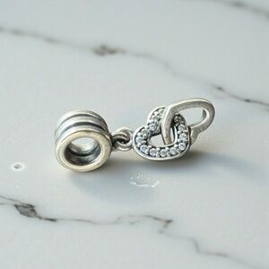 .925 Sterling Silver Charm Bracelet Charm- Dangle Double Hearts W/ Diamond Chip